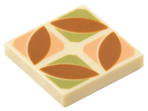 Tan Tile 2 x 2 with Dark Orange Pointed Ovals in Nougat and Olive Green Quarters Pattern