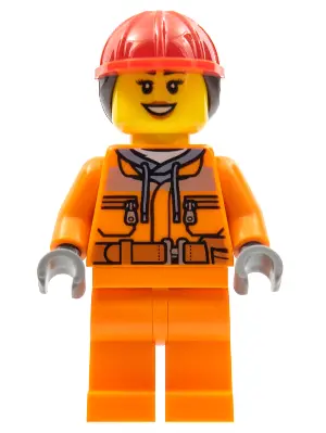 Construction Worker - Female, Orange Safety Jacket, Reflective Stripe, Sand Blue Hoodie, Orange Legs