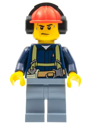 Construction Worker - Male, Shirt with Harness and Wrench, Sand Blue Legs, Red Construction Helmet w