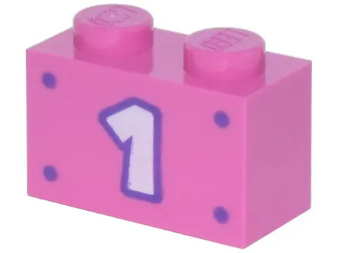 Dark Pink Brick 1 x 2 with White Number 1 with Dark Purple Outline and 4 Dots Pattern