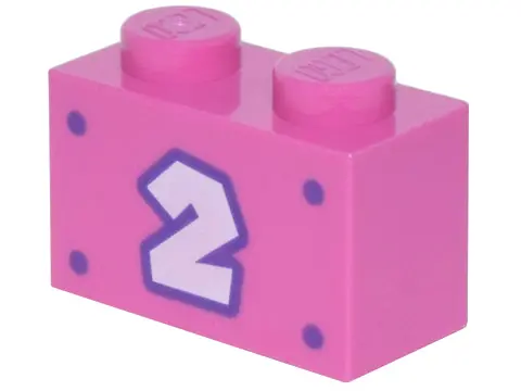 Dark Pink Brick 1 x 2 with White Number 2 with Dark Purple Outline and 4 Dots Pattern