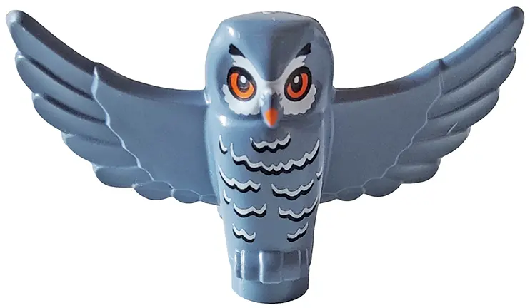 Sand Blue Owl, Spread Wings with Orange Beak and Eyes, Black and White Rippled Chest Feathers Patter