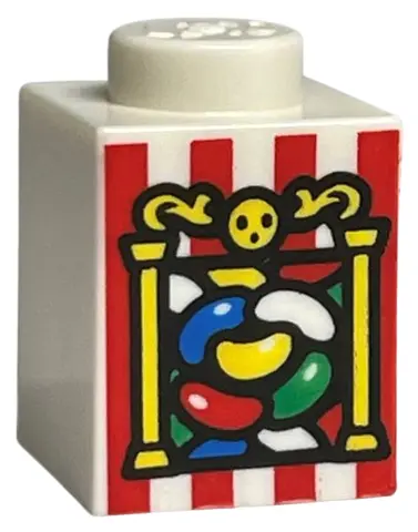 White Brick 1 x 1 with Jelly Beans, Yellow Pillars, and Red Stripes Pattern (HP Bertie Bott's Beans)