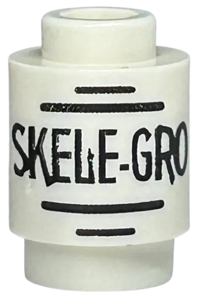 White Brick, Round 1 x 1 with Black 'SKELE-GRO' and Lines Pattern