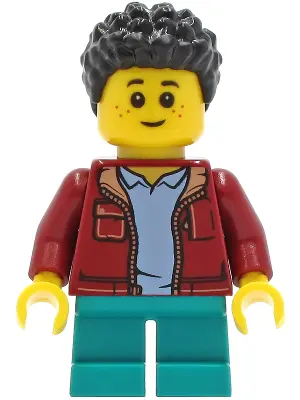 Child - Boy, Dark Red Jacket, Dark Turquoise Short Legs, Black Short Coiled Hair, Freckles