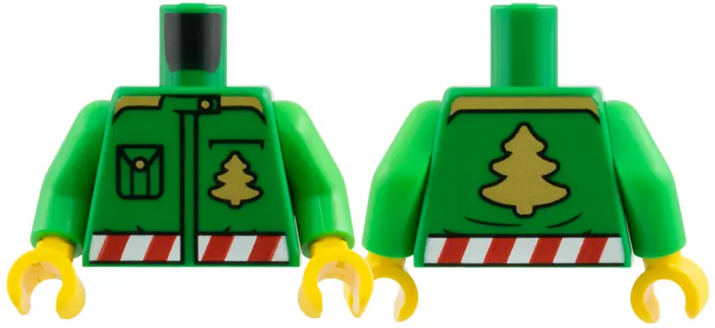 Green Torso Jacket with Gold Buttons, Christmas Trees and Shoulders, Red and White Candy Stripe Belt