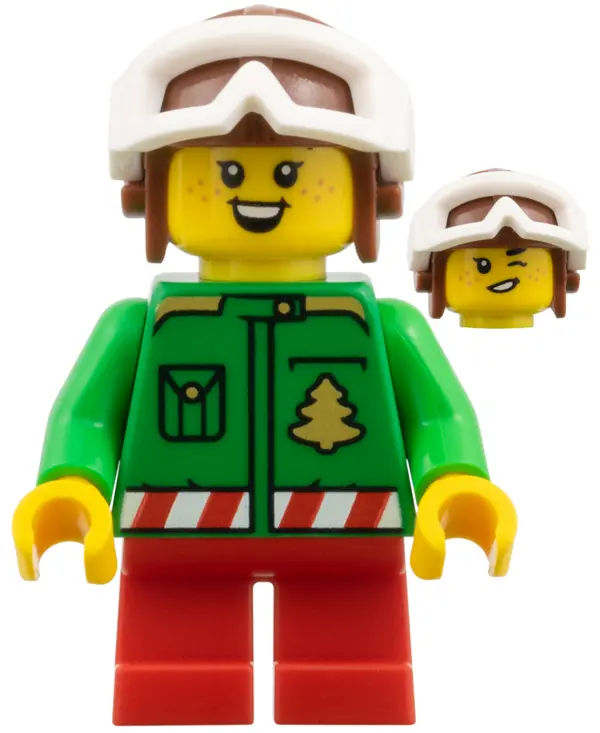 - Green Jacket with Christmas Trees, Reddish Brown Helmet, White Goggles