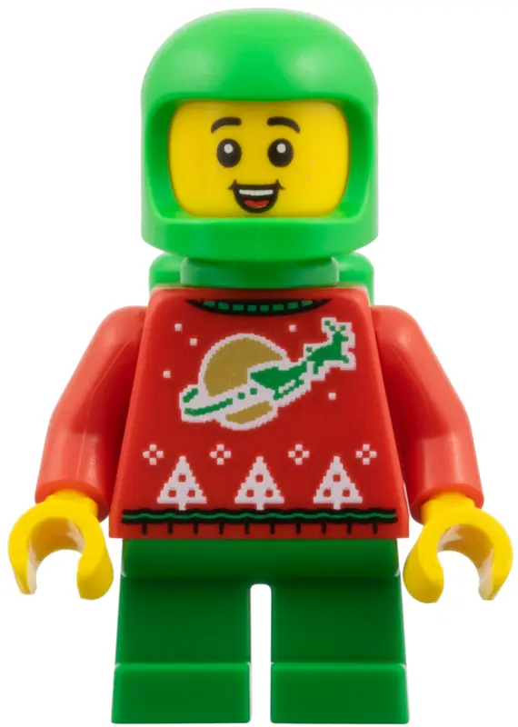 - Red Holiday Sweater with Reindeer, Bright Green Helmet and Air Tanks