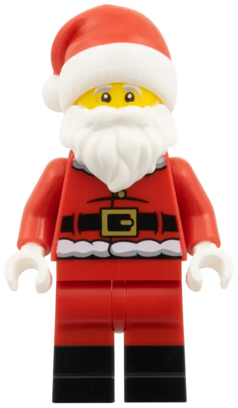 - Fur Lined Jacket with 2 Black Creases on Back, Red Legs with Black Boots, Santa Hat with Molded Re