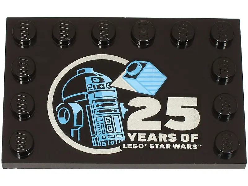 Black Tile, Modified 4 x 6 with Studs on Edges with Bright Light Blue and Medium Blue R2-D2 Minifigu