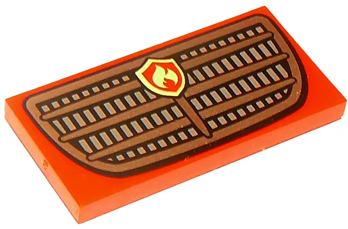 Red Tile 2 x 4 with Grille and Fire Logo Pattern