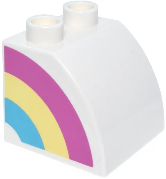 White Duplo, Brick 2 x 2 x 1 1/2 Slope Curved with Dark Pink, Bright Light Yellow, and Medium Azure 