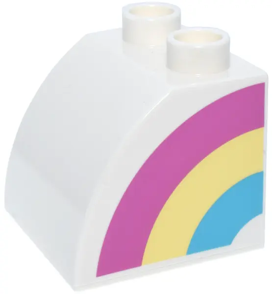 White Duplo, Brick 2 x 2 x 1 1/2 Slope Curved with Dark Pink, Bright Light Yellow, and Medium Azure 