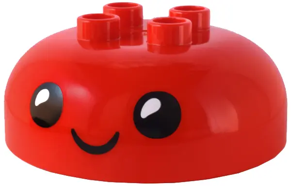 Red Duplo, Brick Round 4 x 4 Dome Top with 2 x 2 Studs with Black Eyes, White Pupils, and Closed Mou