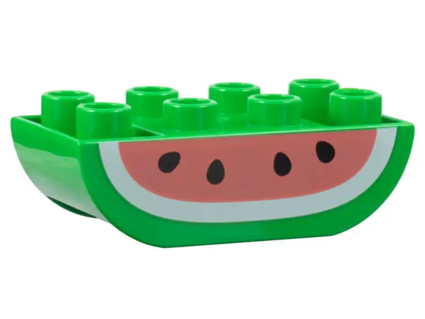 Bright Green Duplo, Brick 2 x 4 Slope Curved Inverted Double with Coral and White Watermelon, Black 