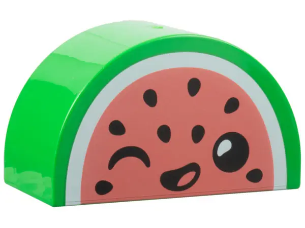 Bright Green Duplo, Brick 2 x 4 x 2 Slope Curved Double with White and Coral Watermelon, Black Seeds