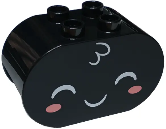 Black Duplo, Brick 2 x 4 x 2 Rounded Ends with Closed White Eyes, Tuft of Hair, Coral Cheeks, and Cl