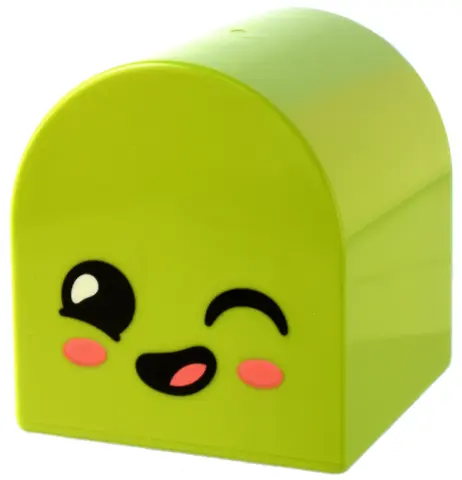 Lime Duplo, Brick 2 x 2 x 2 Slope Curved Double with Face with Winking Eye and Coral Cheeks and Tong
