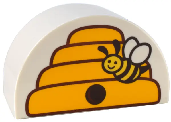 White Duplo, Brick 2 x 4 x 2 Slope Curved Double with Bee and Bright Light Orange and Reddish Brown 