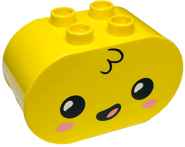 Yellow Duplo, Brick 2 x 4 x 2 Rounded Ends with Black Eyes with White Pupils, Tuft of Hair, and Cora