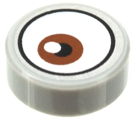 Light Bluish Gray Tile, Round 1 x 1 with White Eye with Off-Center Reddish Brown Iris Pattern 1