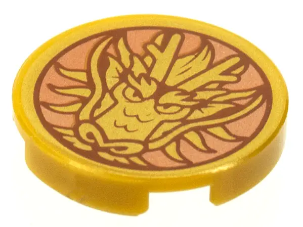 Pearl Gold Tile, Round 2 x 2 with Bottom Stud Holder with Gold Dragon Head on Copper Background Patt