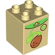 Tan Duplo, Brick 2 x 2 x 2 with Seed Packet with Reddish Brown Seedling, Green and Lime Leaves Patte