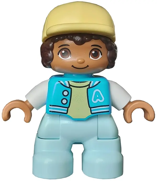 Duplo Figure Lego Ville, Child Boy, Light Aqua Legs, Medium Azure Jacket with Capital Letter A and B