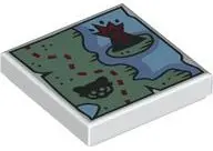 White Tile 2 x 2 with Map of Coastline with Sand Green Land, Erupting Volcano on Island, Black Red P