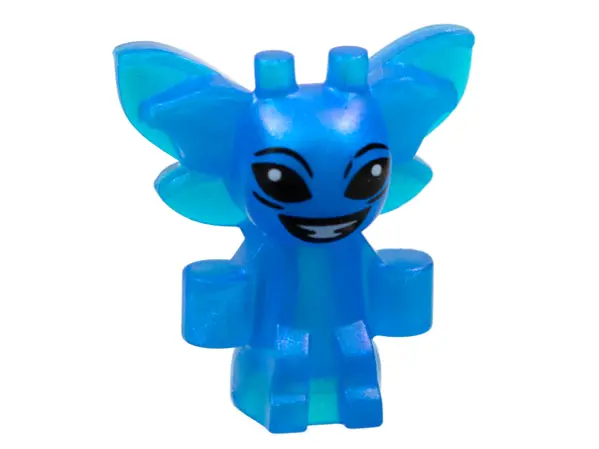 Satin Trans-Dark Blue Cornish Pixie with Black Eyes and Open Mouth Smile with White Teeth Pattern