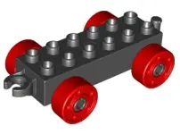 Black Duplo Car Base 2 x 6 with Open Hitch End and Red Wheels with Fake Bolts