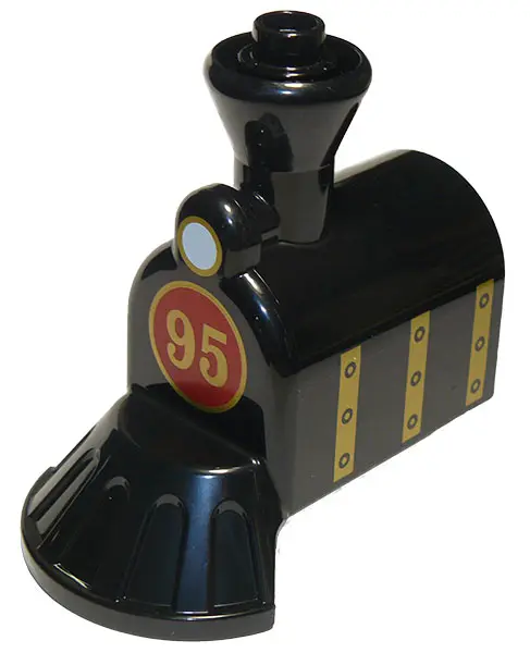 Black Duplo, Train Steam Engine Front with Cow Catcher with White Headlight and Gold '95' Pattern