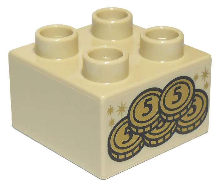 Tan Duplo, Brick 2 x 2 with 5 Gold Coins and Stars Pattern