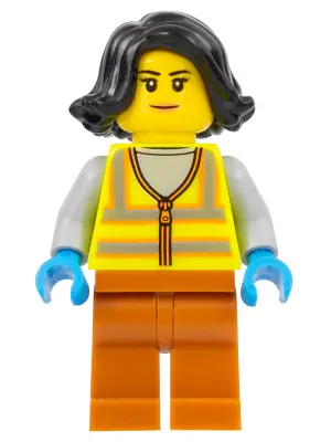 Recycling Worker - Female, Neon Yellow Safety Vest with Reflective Stripes, Dark Orange Legs, Black 