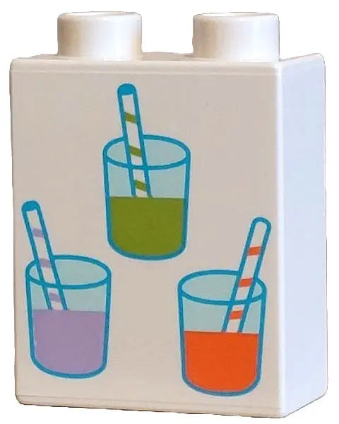 White Duplo, Brick 1 x 2 x 2 with Light Aqua Glasses with Coral, Lavender and Lime Juice and Straws 