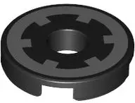 Tile, Round 2 x 2 with Hole with Silver Sprocket Wheel (Spool) Pattern