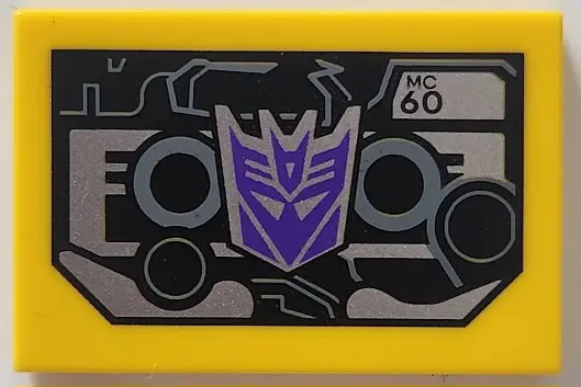 Tile 2 x 3 with Cassette Tape with Dark Purple and Silver Transformers Decepticon Logo, 'MC-60' and 