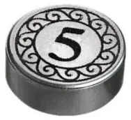Flat Silver Tile, Round 1 x 1 with Black Number 5 Coin Pattern