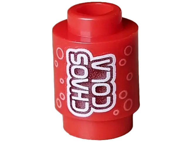 Red Brick, Round 1 x 1 with Stylized White 'CHAOS COLA' on Dark Red Background and Bright Pink Circl