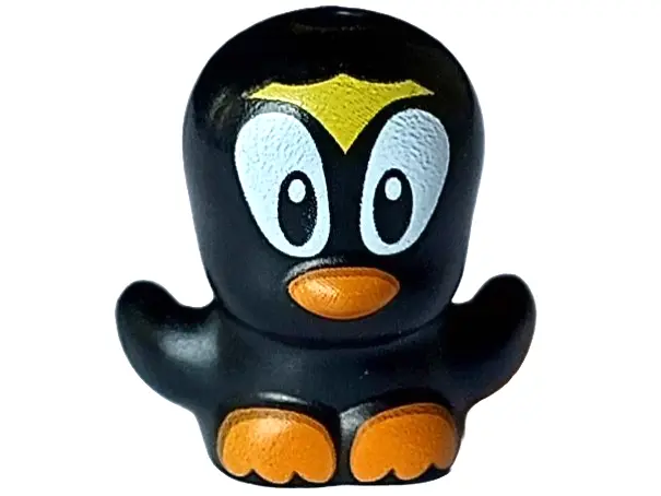 Black Bird, Chick with Open Wings with Large Black and White Eyes, Yellow Crest, Orange Beak and Fee