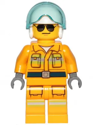 Fire - Reflective Stripes, Bright Light Orange Suit, White Helmet, Black and Silver Sunglasses