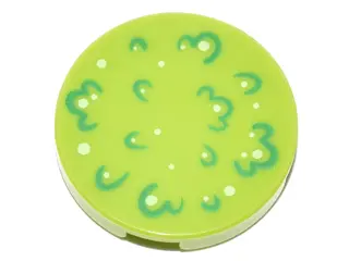 Lime Tile, Round 2 x 2 with Bottom Stud Holder with Green Foliage and White Spots Pattern