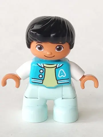 Duplo Figure Lego Ville, Child Boy, Light Aqua Legs, Medium Azure Jacket, Bright Light Yellow Shirt,