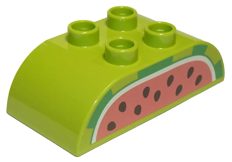 Lime Duplo, Brick 2 x 4 Slope Curved Double with Black Seeds on Coral Background, Cut Watermelon Pat