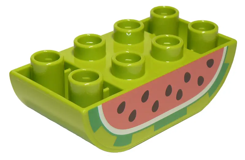Lime Duplo, Brick 2 x 4 Slope Curved Inverted Double with Black Seeds on Coral Background, Cut Water