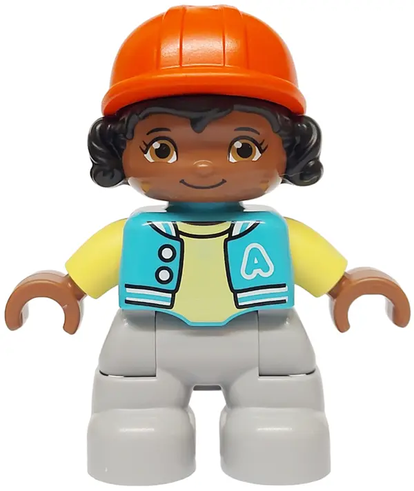 Duplo Figure Lego Ville, Child Girl, Light Bluish Gray Legs, Medium Azure Jacket with Capital Letter