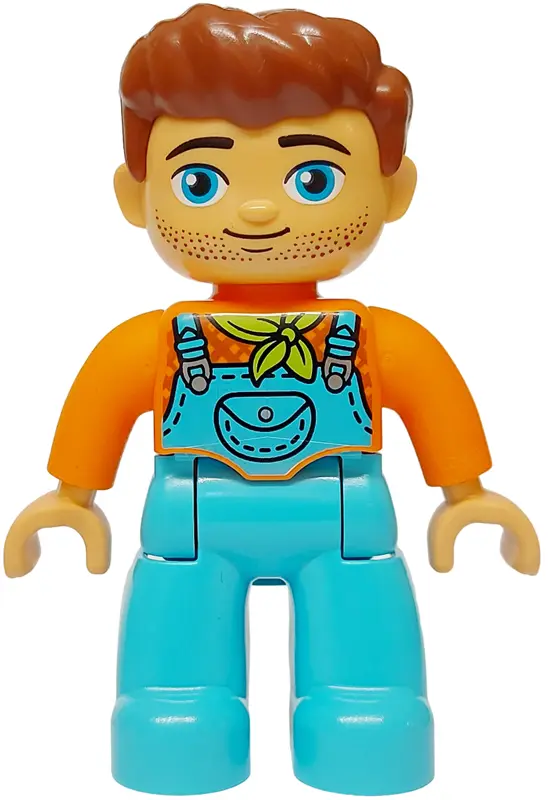 Duplo Figure Lego Ville, Male, Medium Azure Legs with Overalls and Pocket, Lime Bandana, Reddish Bro