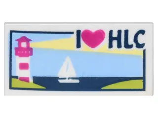 White Tile 1 x 2 with Lighthouse, Sailboat and 'I Heart HLC' Pattern