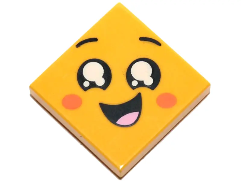 Yellow Tile 2 x 2 with Face, Smile Open Mouth, Black Eyes with White Pupils, Raised Eyebrows, Orange
