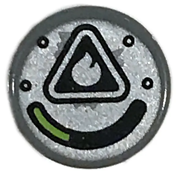 Dark Bluish Gray Tile, Round 1 x 1 with Flame Symbol, Black Triangle and Rivets, and Lime Gauge on S